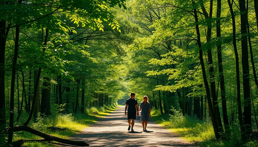 Two people walking in peaceful forest, symbolizing freedom from tech overload.