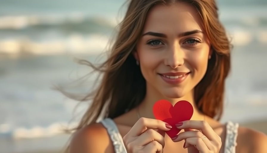 Woman holding red heart by the ocean, symbolizing wise engagement.