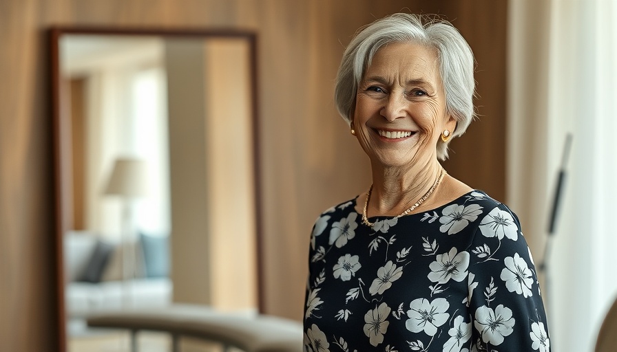 Fashion Over 60: Elegant woman in floral dress smiling confidently.