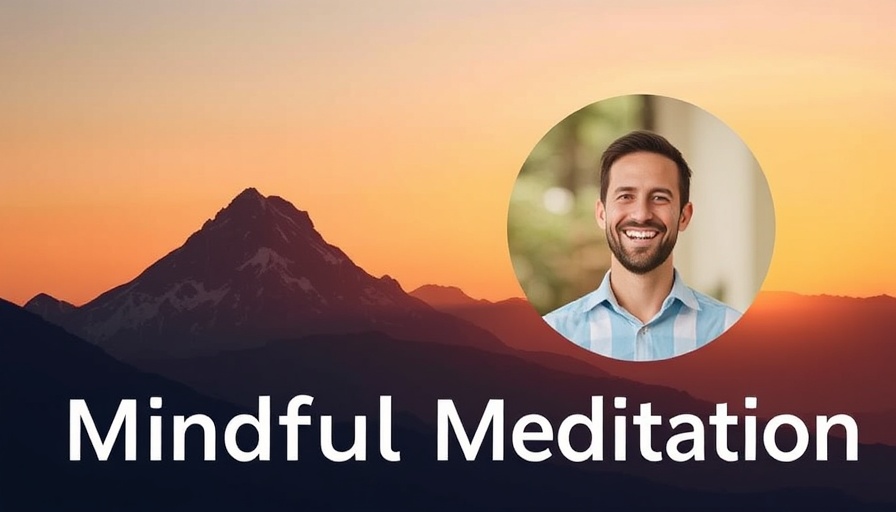 Mindful meditation for decision making with serene mountain and smiling man.