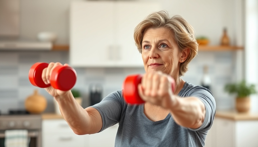 Energetic woman performing arm workout for women over 50 with dumbbells.
