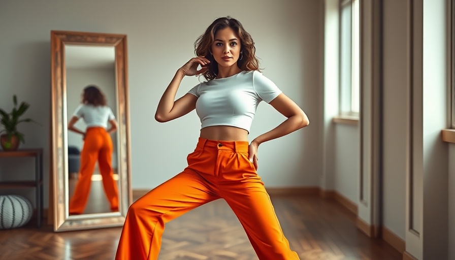 Style tips for women over 40: chic ensemble with a white crop top and orange pants.
