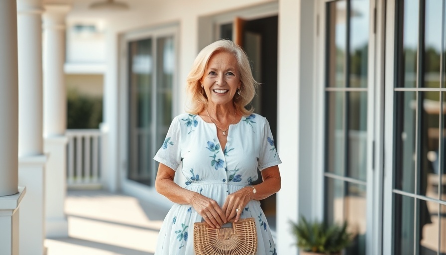 Elegant older woman in a flowy dress showcasing modern mature style.