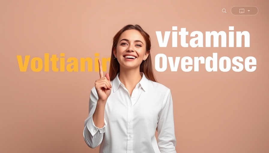 Cheerful woman pointing to multivitamin overdose information.