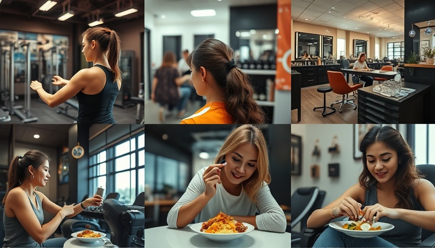 Casual daily life collage with gym, hair, nails, and meal activities.