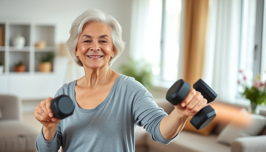 Woman exercising indoors with dumbbells, promoting exercises for women over 50.