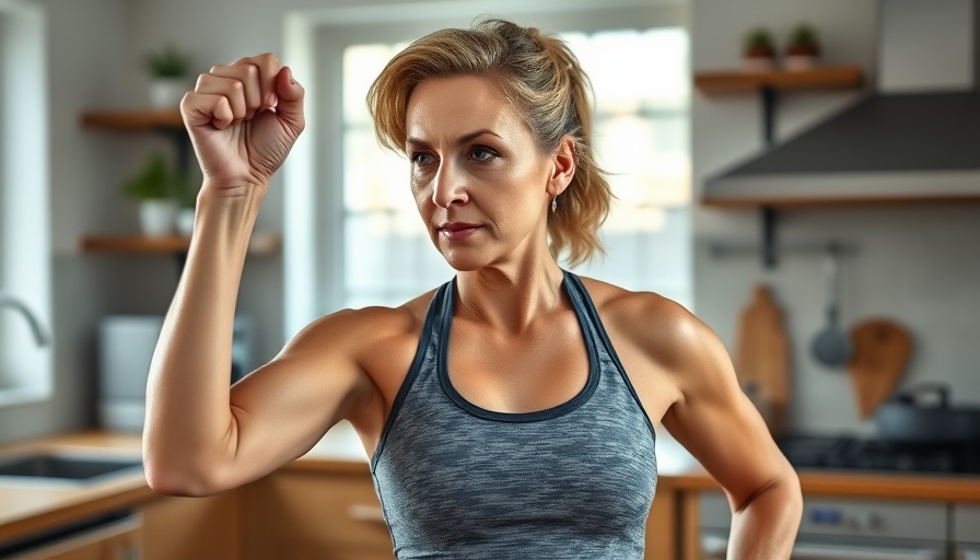 Home workout for the arms for older ladies in a modern kitchen.