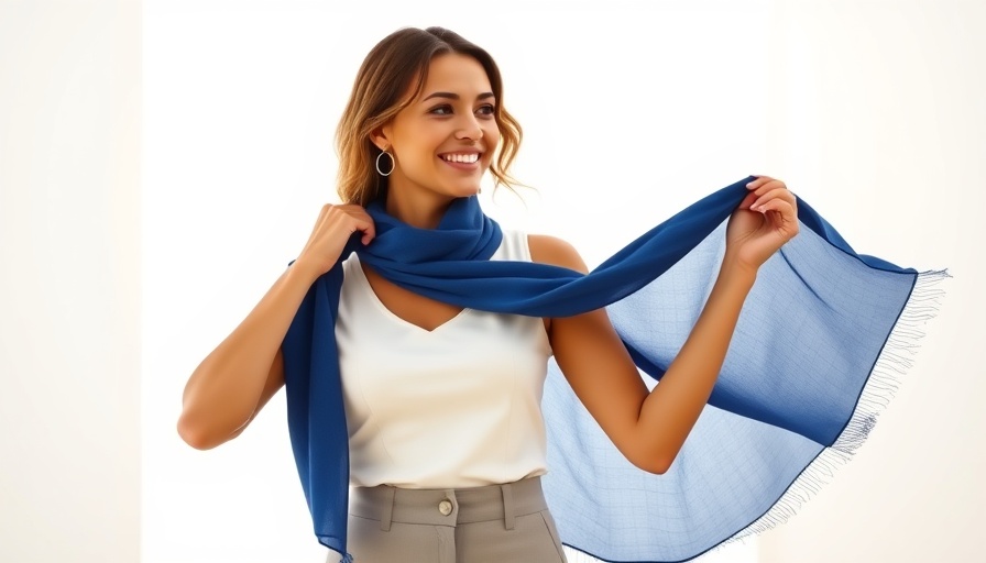 Woman demonstrating how to style a scarf with a chic outfit.