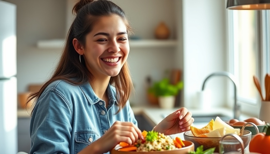 Smiling woman enjoying My Fit Indian Meals in a bright kitchen.