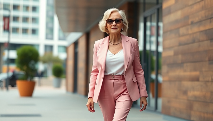 Elegant 60+ fashion look with rose-colored pantsuit and sunglasses