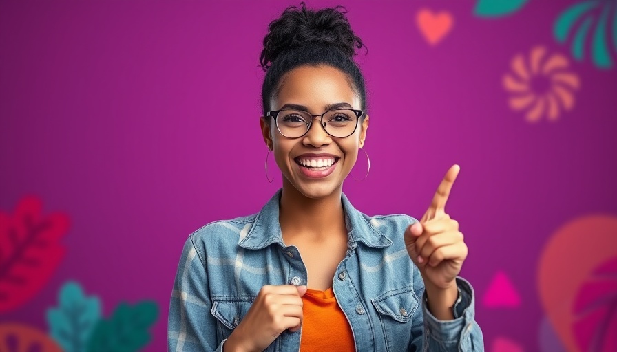 Smiling woman pointing at text for vegan brunch ideas on vibrant background.