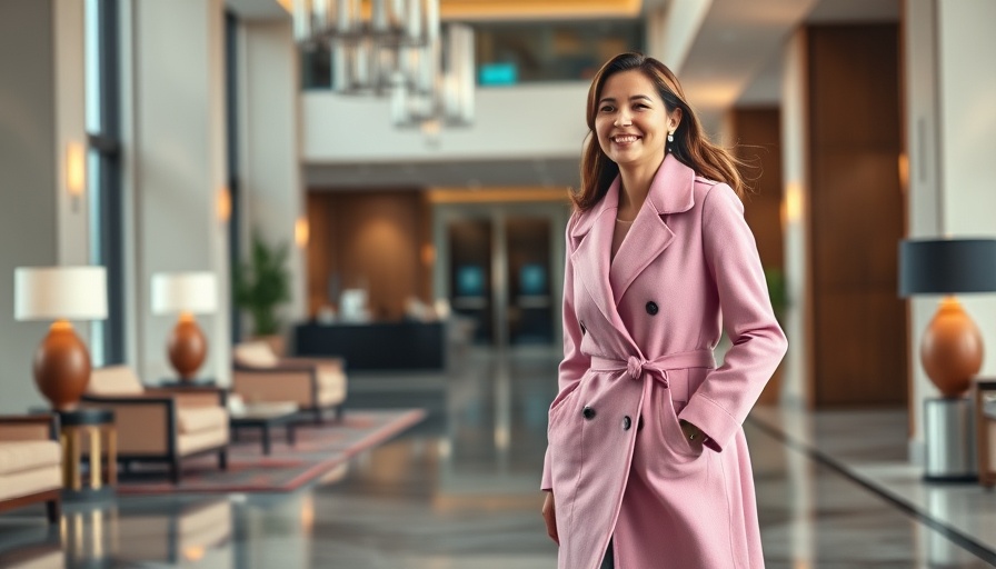 Stylish outfit for woman over 60, pink coat in elegant lobby.
