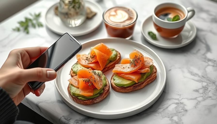Organic avocado and salmon toast with coffee on marble table.
