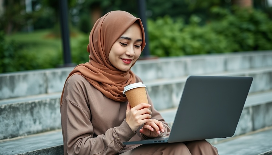 Young woman in hijab using laptop outdoors, Immigration Lawyers Qatar.