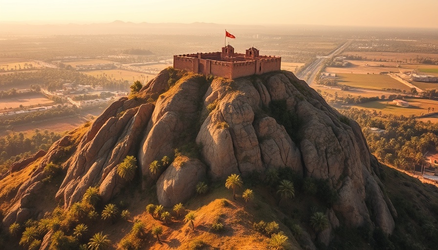 Ancient fort on hill in Ras Al Khaimah amidst lush green landscapes.