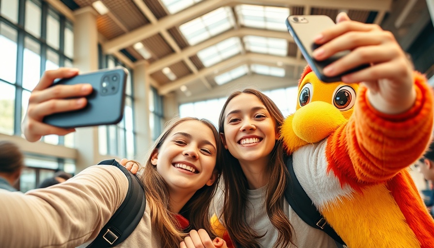 Summer in Qatar: Joyful selfie with mascots indoors.
