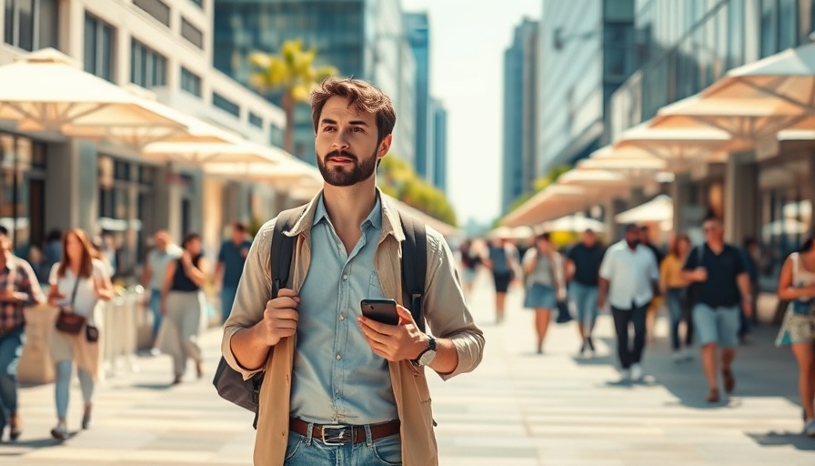 Man walking in an air conditioned outdoor space with modern design.
