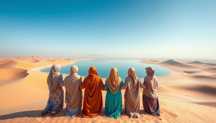Muslim women travel group enjoying a desert view in Qatar.