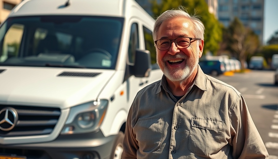 Experience Qatar with a smiling man next to a minibus on a sunny day.