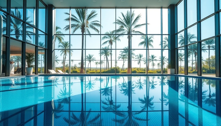 Luxurious indoor pool with tall windows in Doha reflecting palm trees.