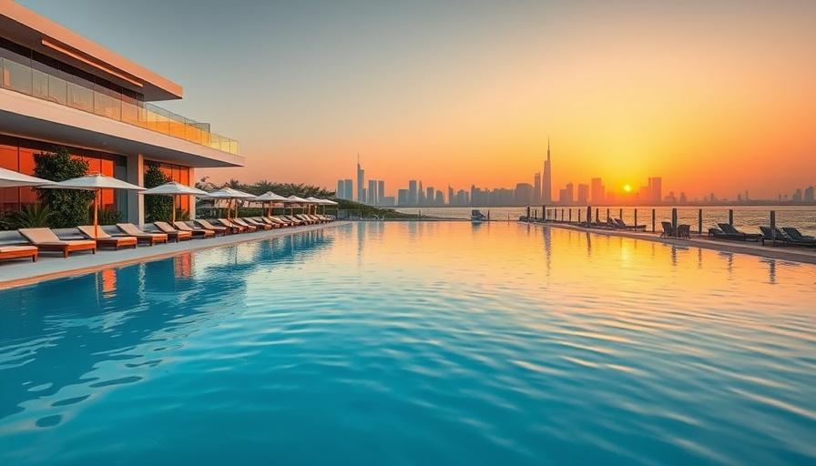 Luxurious beach club pool in Doha at sunset with city skyline.
