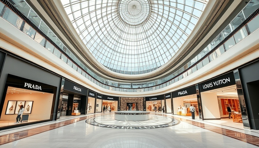 Luxurious shopping mall in Doha with designer displays, glass dome.
