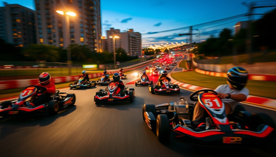 Exciting night go-kart race in Doha with vibrant urban lights.