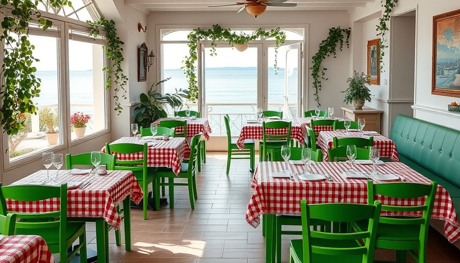 Interior of Greek restaurant in Doha with vibrant green chairs.
