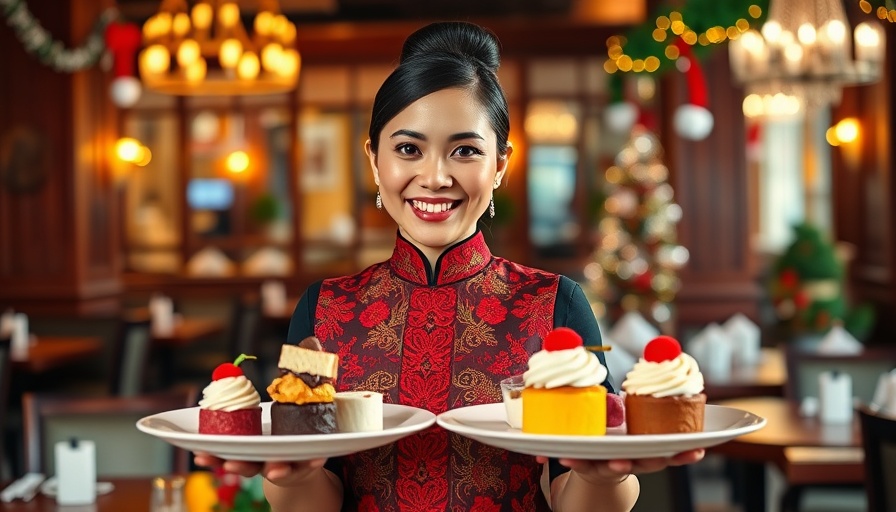 Waitress serving dessert in a festive Thai restaurant in Doha.