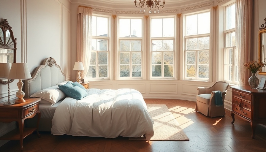 Elegant bedroom with natural light and pastel decor, picturesque views exploration.