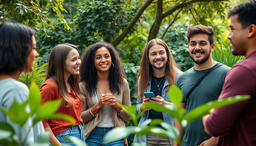 Group discussion on climate change education under trees in a park.