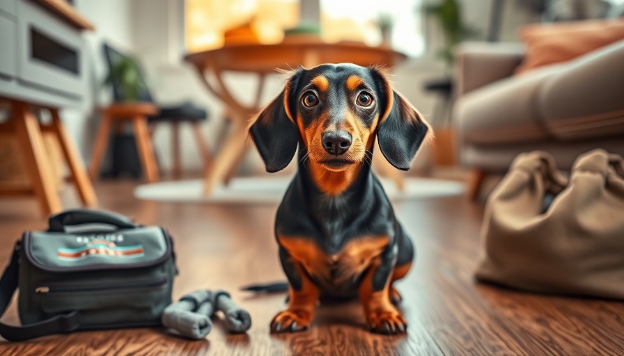 Curious Dachshund with training supplies on floor indoors.