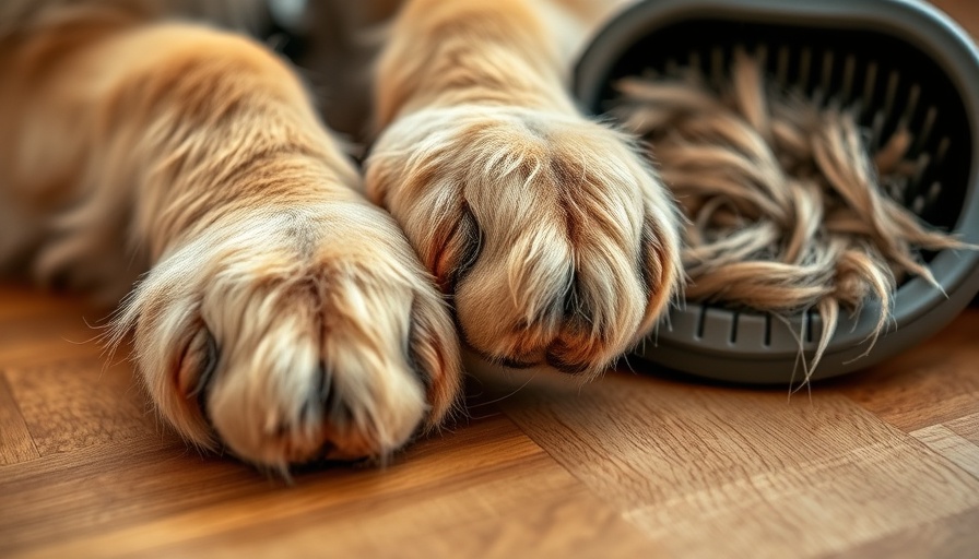 Fluffy dog paws with fur and brush on wooden floor to reduce dog shedding.