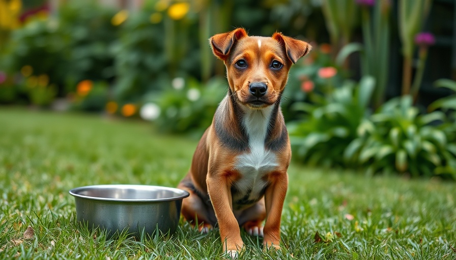 Brown dog in garden with bowl, essential tips for new dog owners.