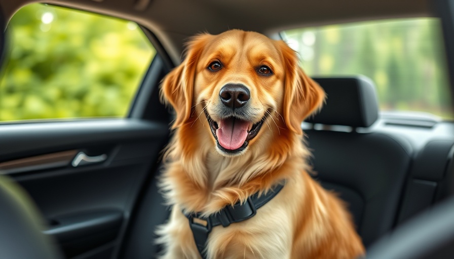 Golden dog happily in car wearing safety harness, road trip planning.