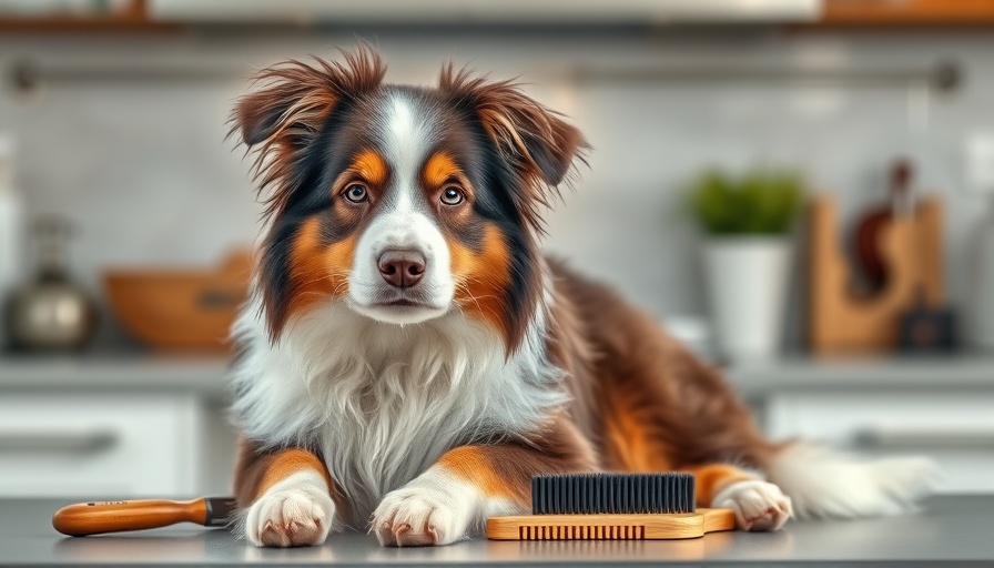 Grooming your Australian Shepherd with tools in a kitchen setting.