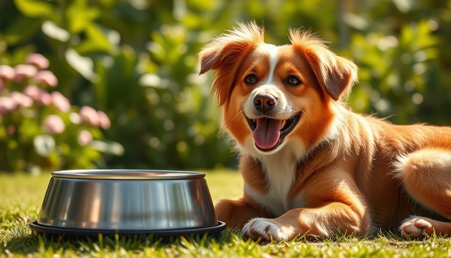 Happy dog training tips with food bowl in sunny garden
