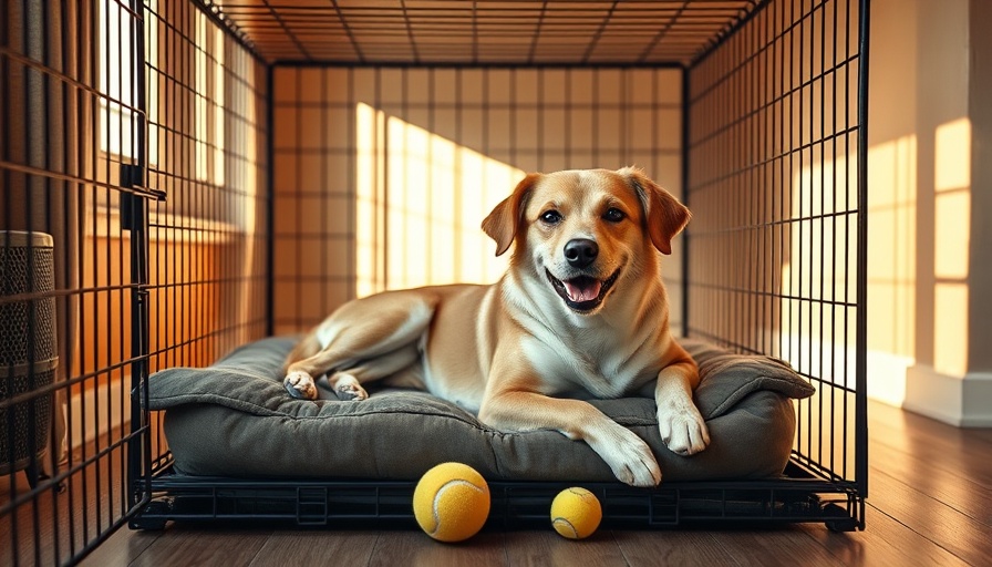 Dog comfortably resting in a sunlit wire crate.
