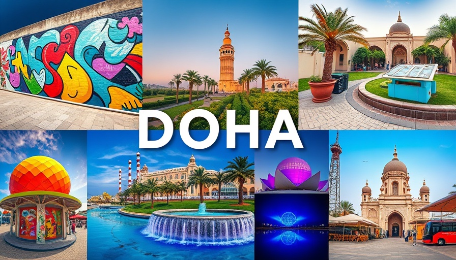 Colorful collage of free things to do in Doha showcasing attractions.