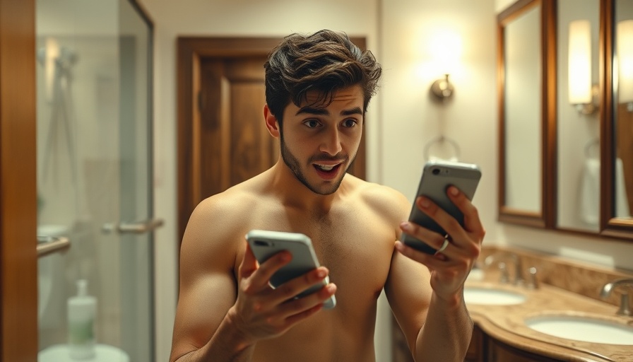 Young man surprised in Qatar bathroom, checking phone.