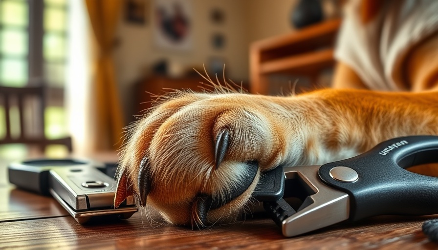 Close-up of dog's paw with grooming clippers on table.
