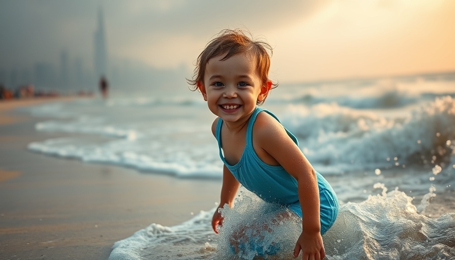 Child playing on West Bay Beach with city skyline.