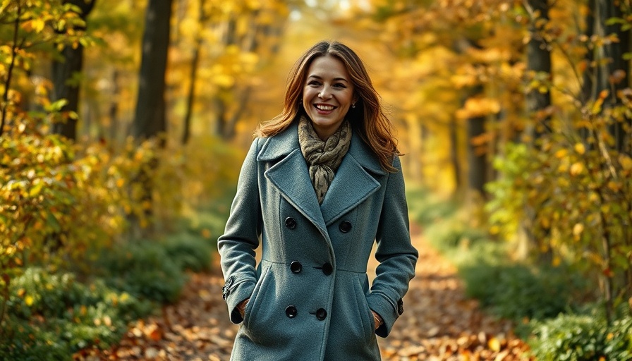 Woman in grey coat walking on forest path, smiling back.