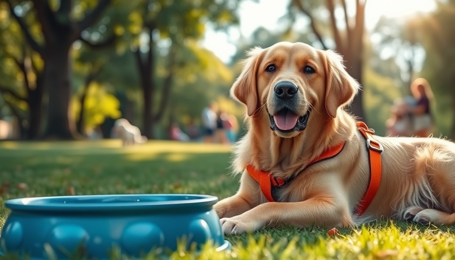Golden Retriever lying in park near water bowl, showcasing dog safety tips.