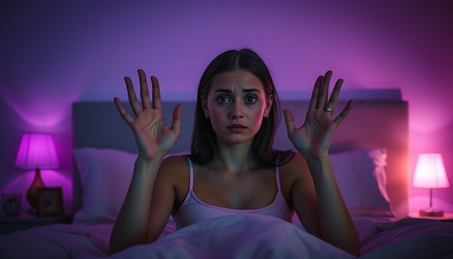 Young woman in bed under purple lighting, questioning gesture.