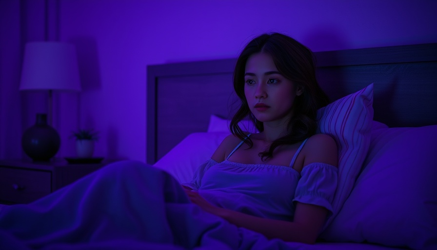 Young woman in bed contemplating ADHD sleep boundaries, dim lighting.