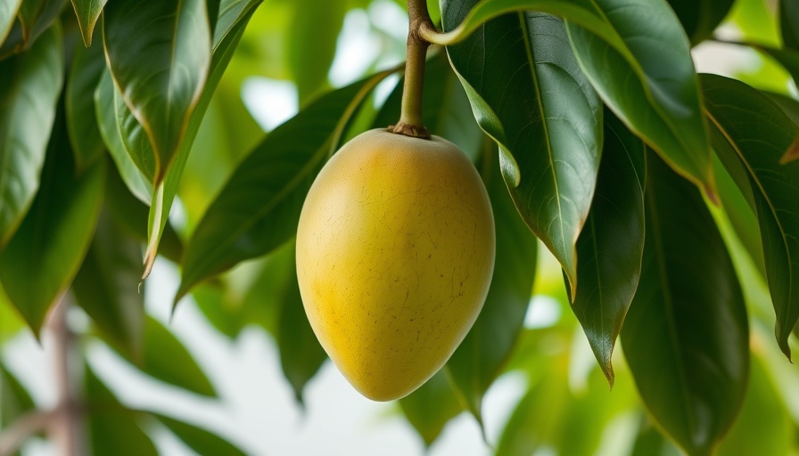 Green mango hanging on a tree branch at the Pakistani Mango Festival in Qatar.