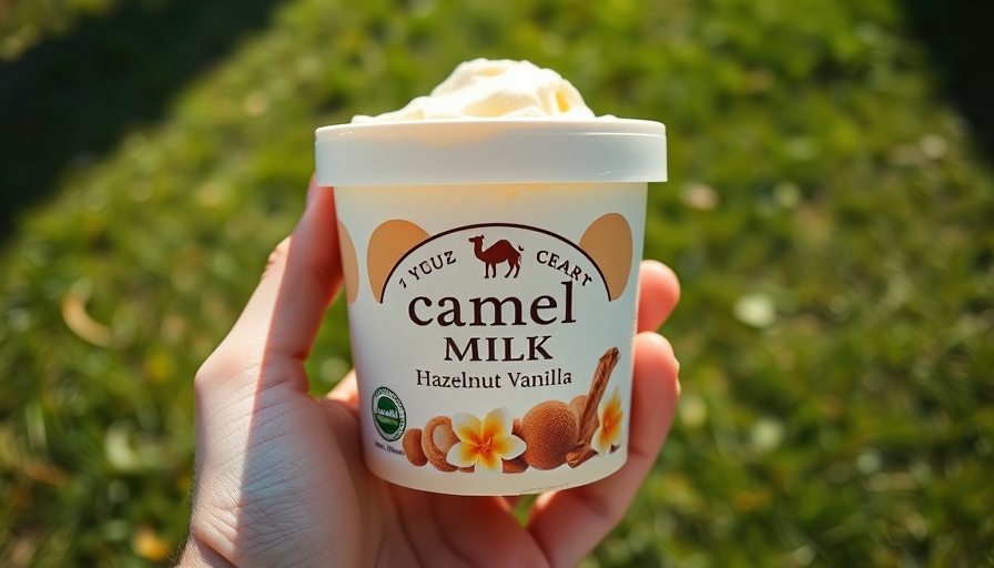 Camel milk ice cream tub held outdoors, hazelnut vanilla flavor.