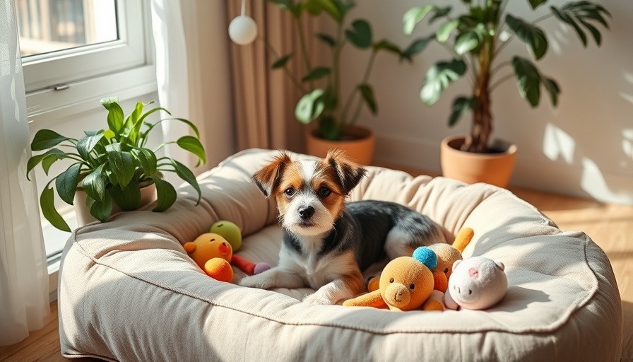 Dog lounging on a bed in a sunny, dog-friendly apartment.