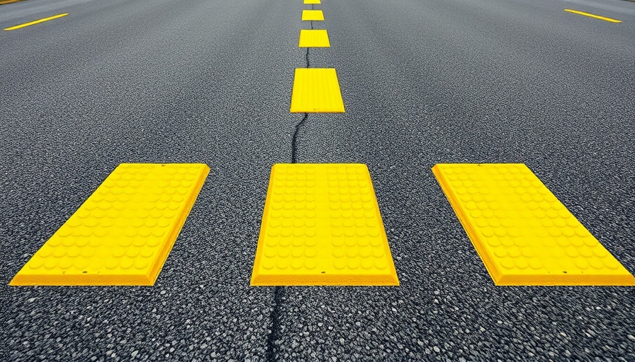 Yellow reflective road markers on asphalt surface indicating direction.